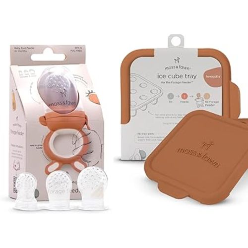 Moss and Fawn Baby's First Bites Bundle - Silicone Frozen Breast Milk Popsicle Kit with Forage Feeder & Teething Popsicle Ice Cube Tray - BPA, PVC, & Lead-Free - Terracotta