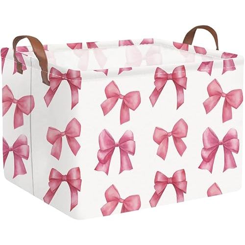 FXOCSHE Rectangular Pink Girls basket,Delicate pink bow girls nursery laundry basket,Pink Laundry Hamper,kids waterproof collapsible canvas basket,Toy bins,Girls Room decor(Bowknots)