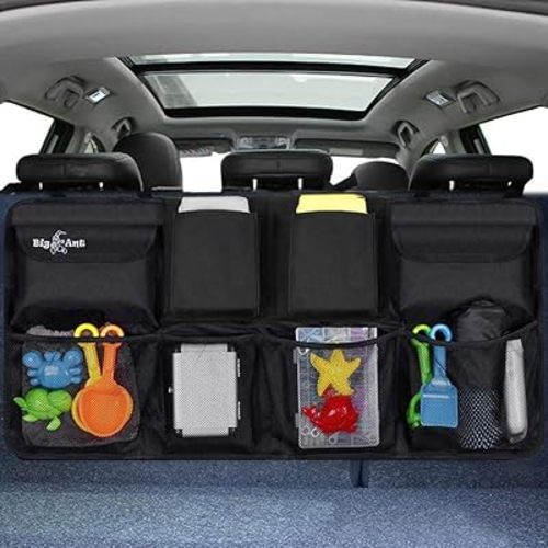 Big Ant Back Seat Trunk Organizer,Space Saving Car Trunk Storage Organizer with Lid Keep your Trunk Clean and Tidy 8 Large Pockets Car Organizer for Kids,Travel (34 x 18 inch)
