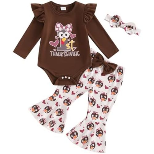 SAYOO My First Thanksgiving Baby Girl Outfit Newborn Little Turkey Bodysuit Romper Bell Bottom Pants Headband Fall Clothes