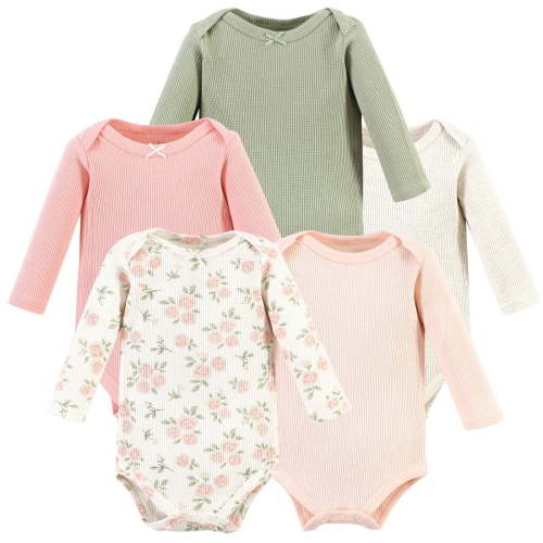 Hudson Baby Infant Girl Thermal Long Sleeve Bodysuits, Soft Pink Sage Rose, 3-6 Months