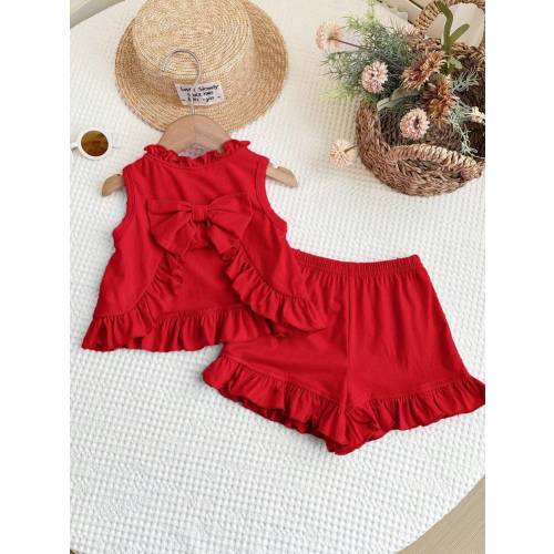 LMoss Kids 2pcs Baby Girl Knitted Solid Color Round Neck Ruffle Trim Top And Shorts Set | SHEIN USA
