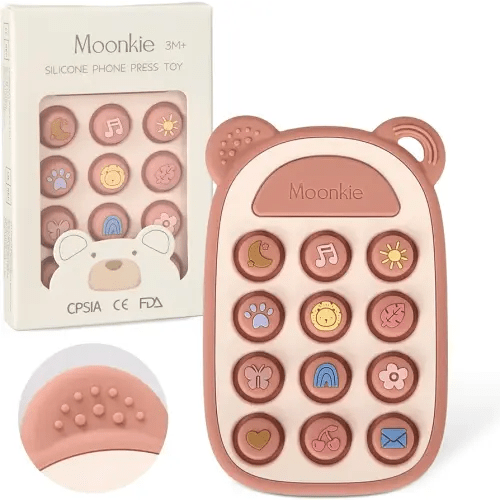 Moonkie Silicone Press Phone Teething Toy for Baby 3 Months+ | Soft BPA-Free Teether with Icon & Number Pop Bubbles | Ideal Gift for Baby Girls