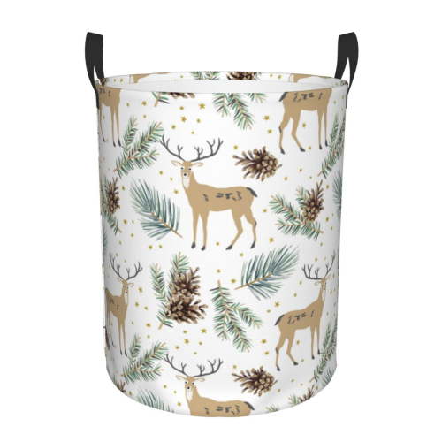 Large Laundry Basket with Handles - Cute Deer Palm Leaf Pine Cone Kids Baby Dirty Clothes Laundry Hamper for Bedroom Aesthetic