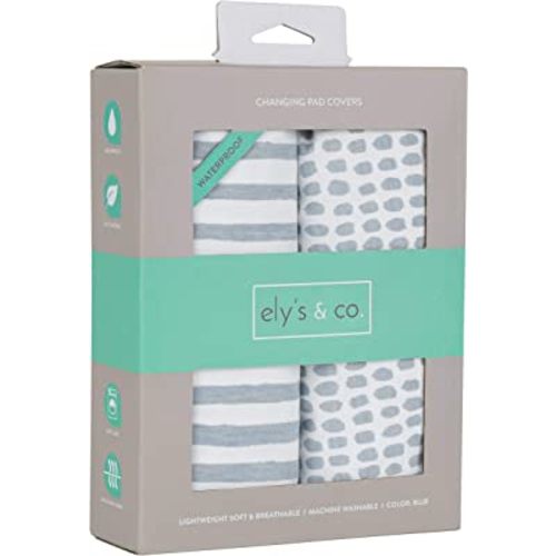 Ely’s & Co. Patent Pending Waterproof Changing Pad Cover|Cradle Sheet 2-Pack Set for Baby Boy - 100% Cotton, Jersey Knit Cotton Sheets with Waterproof Lining — Misty Blue, Stripes and Splashes