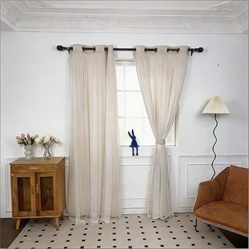 INLINAS Beige Blackout Curtains with Sheer Overlay - Grommet Top Thermal and Noise Reduction Panels for Bedroom and Living Room Light Blocking and Energy Saving, 37 x 72 Inches, Set of 2