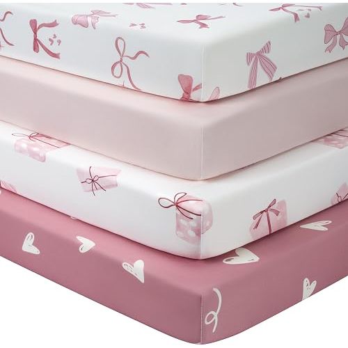 Baby Crib Sheets Girl, Toddler Bed Sheets Fitted for 52”x28” Standard Crib and Toddler Mattresses, 4 Pack Soft Breathable Stretchy Lovely Gift Bows