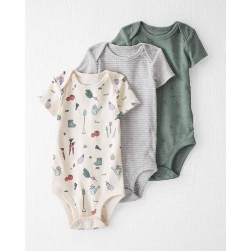 Baby 3-Pack Organic Cotton Rib Bodysuits - Style,Veggie Garden, Striped, Green Team