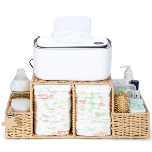Diaper Caddy Organizer, Hand Rattan Nursery Storage Basket for Baby Essentials, Baby Changing Table Organizer Perfect Nursery Assistant (Natural Light Woven - Style 1, L)