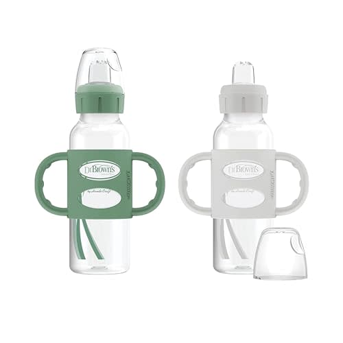 Dr. Brown's Milestones Narrow Sippy Spout Bottle with 100% Silicone Handles, Easy-Grip Handles with Soft Sippy Spout, 8oz/250mL, Green & Gray, 2-Pack, 6m+