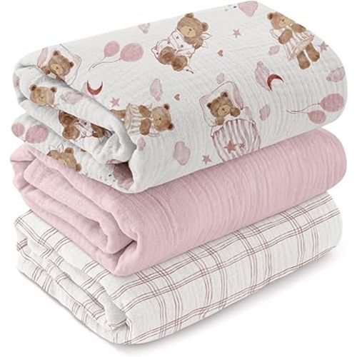 GLLQUEN BABY Muslin Swaddle Blankets,3-Pack Receiving Blanket for Newborn Boys and Girls,Baby Swaddle Blanket Unisex,Little Bear,Baby Essentials, Registry & Gift, 40 x 38 inches
