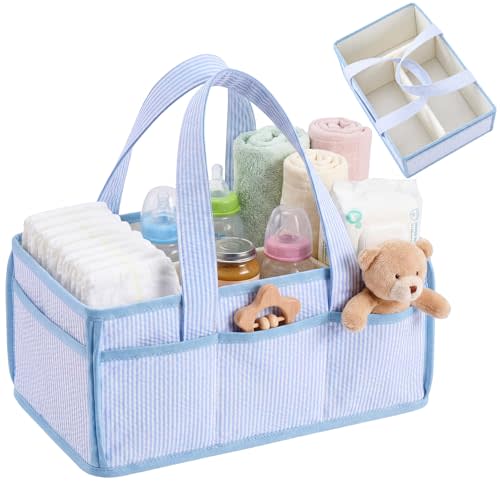 Huhumy Baby Diaper Caddy, Stripe Diaper Caddy Storage Organizer, Stylish Large Tote Bag for Newborn Essentials Nursery Storage Boy or Girl Baby Shower Registry Must-Have (Blue, Seersucker)