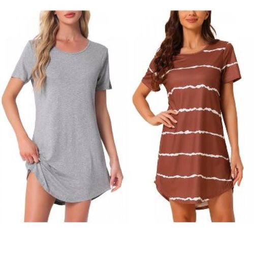 INSPIRE CHIC Women's 2 Pcs Round-Neck Curved-Hem Short-Sleeve Nightshirt Sleep Gown Burgundy/Grey Large