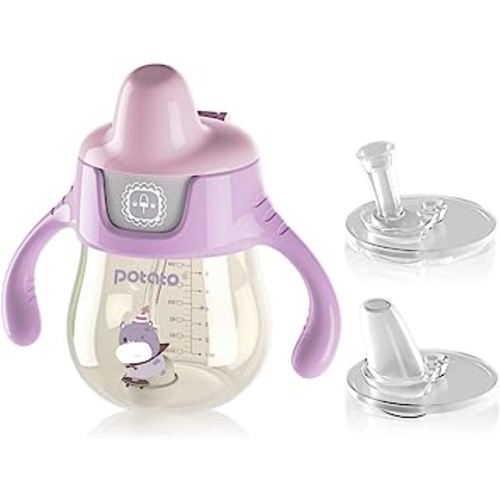 POTATO Sippy Cups For Toddlers with Straw Spill Proof, PPSU Learner Cup with Handle for Girl, Water Bottle for Baby 6 Months with 2 Type of Spout, 6 Ounce Pink