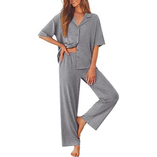 Ekouaer Women Pajamas Set Button Down Sleepwear Short Sleeve Pjs Soft Comfy Nightwear with Long Pants S-XXL