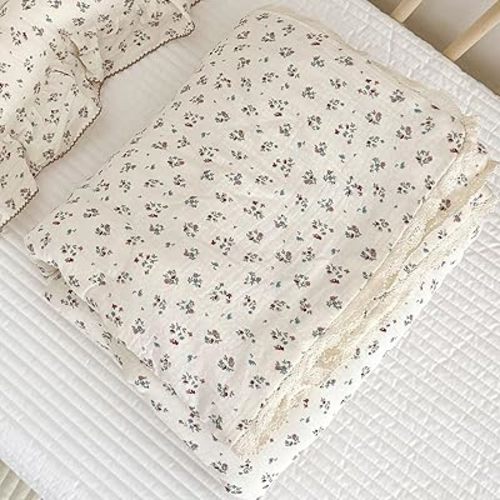Elegant Floral Muslin Quilt Blankets for Kids Boys Girls Toddler Bed Blanket with Lacey Edges Soft Lightweight Toddler Comforter Crib Quilt for All Seasons, 47x59 Inches