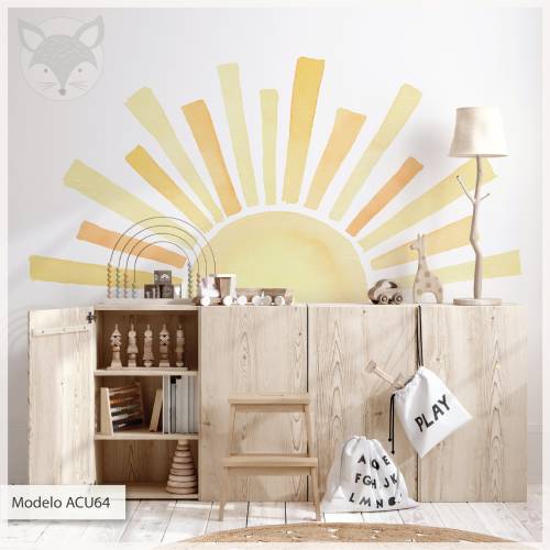 watercolor sun sticker, half sun wall decal, sun rays vinyl, stickers kindergarten, classrooms, babies girls and boys, nursery decor, acu64