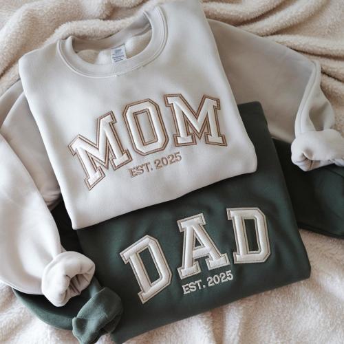 Embroidered DAD MOM Sweatshirt or Hoodie, Dada Mama Crewneck, Gift for Dad Mom, Newly Dad Mom, Daddy Est Year