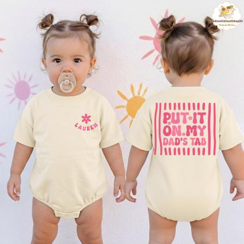 Personalized Put It On My Dads Tab Striped Baby Romper, Pregnancy Announcement Baby Outfit, Baby Shower Gift, Girl Dad Baby Girl Clothes