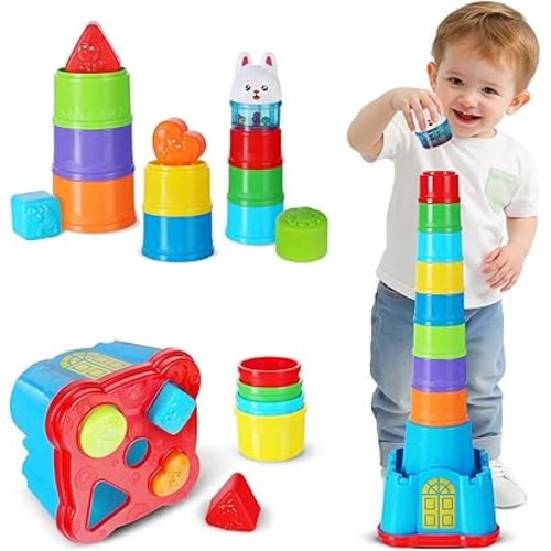iPlay, iLearn Baby Stacking Toys, Toddler Nesting Stack Cups, Infant Stackable Block, Kids Sorting Game W/Shape Sorter for Sand Bath, Birthday Gift for 12 18 24 Month 1 2 3 Year Old Boys Girls