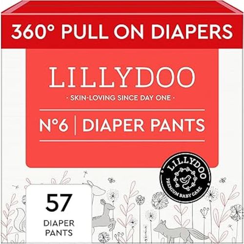 LILLYDOO Diaper Pants Toddlers - Size 6 (29+ lbs), Half-Monthly Supply (57 Count), Skin-Friendly, Ultrasoft, Chlorine-Free, Snug Fit & Absorbent Pull On Diapers