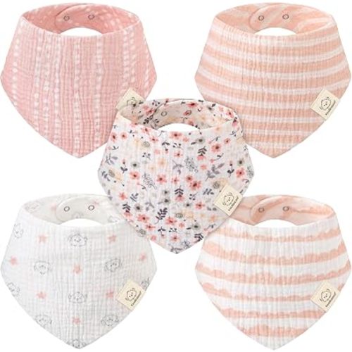 KeaBabies 5pk Muslin Bandana Baby Bibs for Drooling Teething (Sweet Charm)