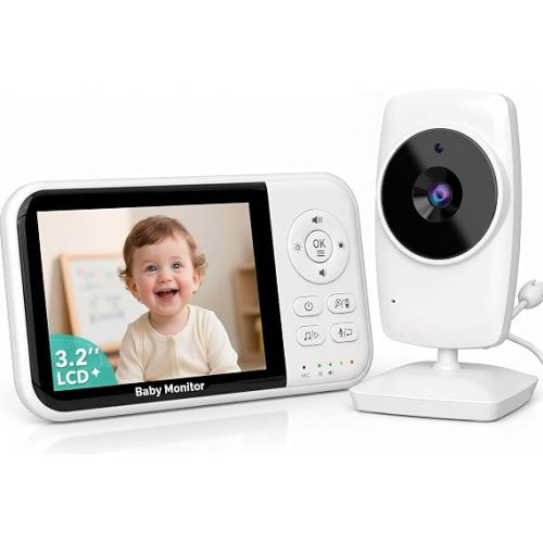 Video Baby Monitor with Camera Non WiFi Baby Monitors, Night Vision, VOX, 3.2 inch HD Screen, Two-Way Audio, Feeding Reminder, Temperature Monitoring, Smart 8 Lullabies, for Newborn Baby