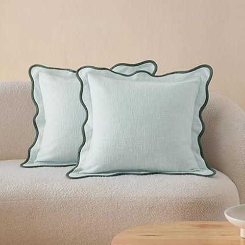 Double Stitch Scalloped Throw Pillow Covers - 100% Cotton Set of 2 Decorative Boho Pillow Covers 20 x 20, Made in India, Square Cushion Case, Modern Home Decor for Couch Sofa Living Room, Aqua Mint