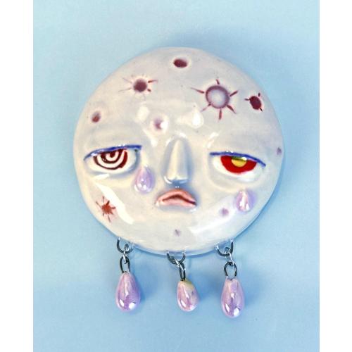 Crying Moon Wall Art – Handmade Stoneware Moon with Iridescent Teardrops