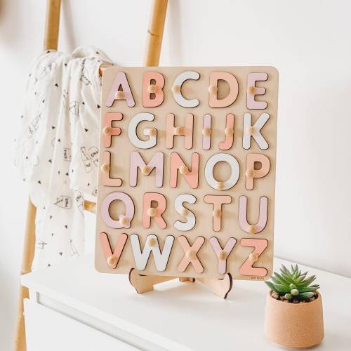 Pink Pastel Wooden Alphabet Puzzle, Christmas Gifts For Kids