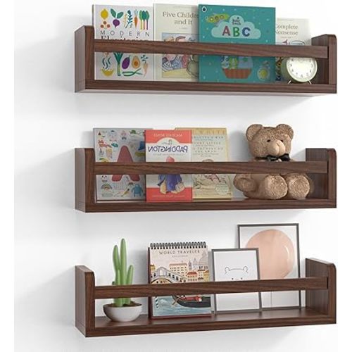 Floating Wall Nursery Book Shelves for Bedrooms Kids 16.5 Inch Walnut Color Wooden Baby Book Shelf for Kids Rooms Set of 3 Nursery Shelves for Wall Mounted Toddler Bookshelf