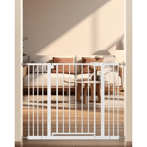 keny 29"-42.5" Baby Gate for Stairs, Auto Close Safety Dog Gate | Pressure Mounted Easy Walk Through Pet Gate for Doorways, Durable Stair Gate, 30" Tall, White