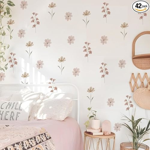 YouRfocus Daisy Wall Decals | 42 PCS Boho Flower Stickers for Girls' Rooms, Playrooms, and Nurseries | Dual Layer Print for High Coverage | Removable Peel and Stick Wall Decor (Pink-B) | 6 Sheets