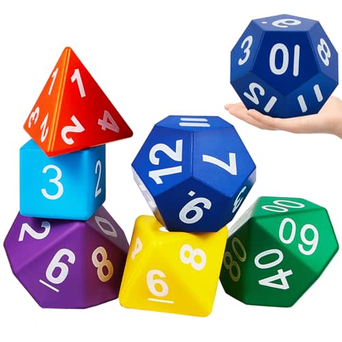 Arrowbash 6 Pcs Jumbo Polyhedra Dice 3.94 Inch Jumbo Foam Polyhedral Dice 6 Set 4, 6, 8, 10, 12 Sides Gifts for Games Teach Numbers Addition Subtraction Probability Learning, Multicolor
