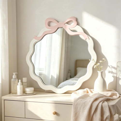 21.25“H Decorative Wall Mirror with Pink Bow, Wavy Scalloped White Framed Makeup Mirror, Cute Aesthetic Hanging Vanity Mirror for Bedroom Dresser Decor