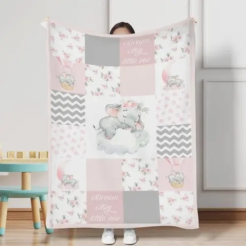 HawSkgFub Sleeping Elephant Flower Baby Blanket Girls Gift Pink Gray, Dream Big Little One Patchwork Flannel Fleece Nursery Bed Blankets, Soft Lightweight Newborn Infant Toddler Crib Bedding 30 x 40