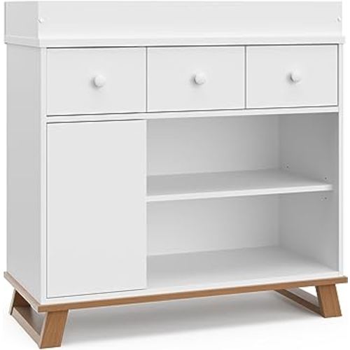 Storkcraft Modern Nursery Changing Table Dresser Combo (White & Vintage Driftwood) – GREENGUARD Gold Certified, Dresser for Nursery, Changing Table with Drawers, Removable Changing Table Topper
