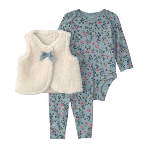 Baby Girls' Floral Teddy Fleece Sleeveless Layering Vest, Bodysuit and Pants, 3-Piece Set