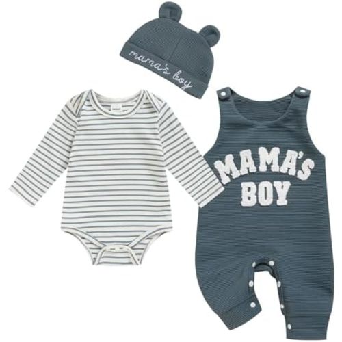 Viworld Newborn Baby Boy Clothes Mama's Boy Overalls Striped Long Sleeve Romper Hat 3Pcs Fall Winter Outfits