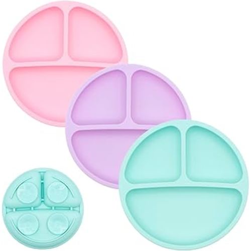WeeSprout Suction Plates for Babies & Toddlers - 100% Silicone, Dinnerware Stays Put, Divided Design for Picky Eaters, Microwave & Dishwasher Friendly, 3 Pack