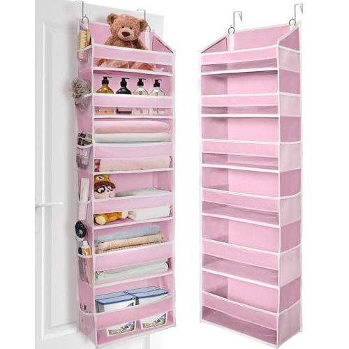 ULG Over The Door Organizer with 6 Large Pockets 12 Side Pockets, 50lbs Weight Capacity Door Hanging Storage Organizer for Bedroom, Bathroom, Pantry, Nursery Storage, Pink