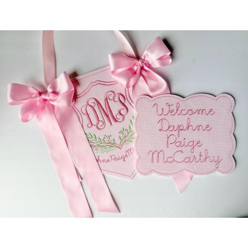 Custom Embroidered Floral Baby Announcement Banner: Hospital Sign and Name Plaque in Pink Windowpane