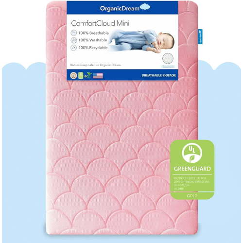 ComfortCloud Mini Crib Mattress in Pink I 100% Breathable Proven to Reduce Suffocation Risk, 100% Washable, Dual-Sided, GreenGuard Gold Certified, Removable Cover - Deluxe 5" Thick
