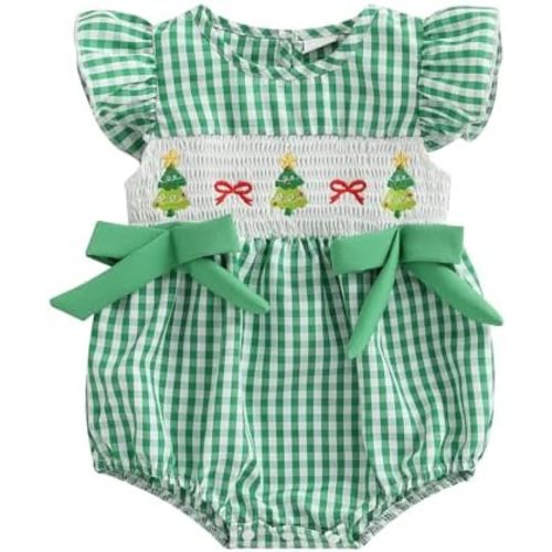 Newborn Girl Smocked Santa Romper Infant Baby Christmas Tree Embroidery Bubble Rompers Fly Sleeve Gingham Bodysuit