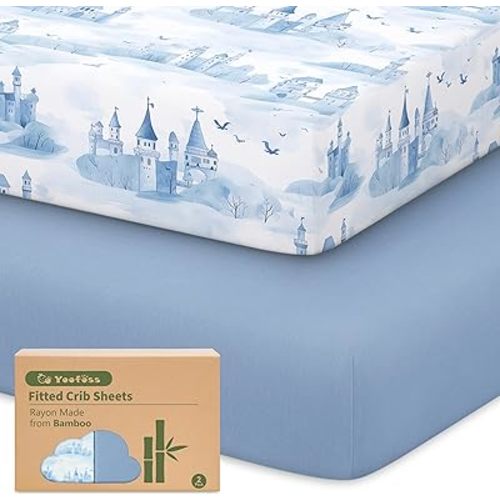 Yoofoss Pack and Play Sheets Fitted Viscose Derived from Bamboo, 2 Pack Mini Crib Sheet for Pack N Play Mattress, Soft and Breathable Playard Sheets for Boys Girls, 38x26in