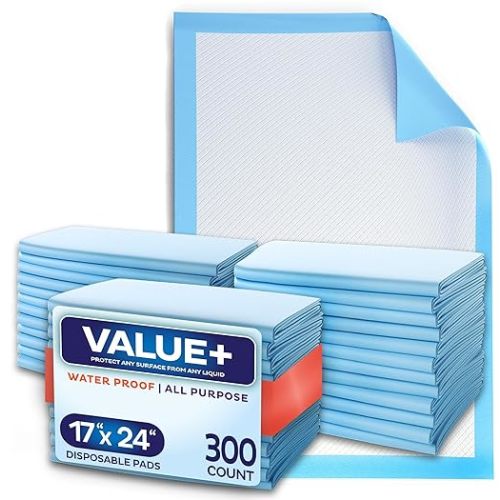 Disposable Chucks Pads [300 Pack - 17x24] Diaper Changing Pad Incontinence Bed Underpads for Baby, Dog & Puppy Pee Pads - Small Waterproof Blue Chux for Medical, Beds, Pet Crate Liners & Travel - 17x24 Inch (Pack of 300)