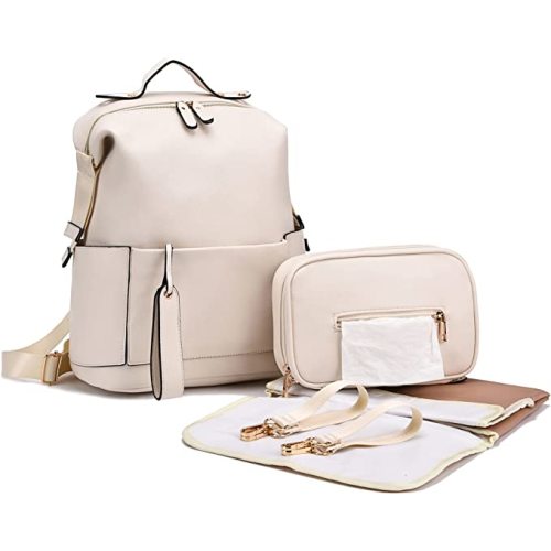 Diaper Bag Backpack Leather Backpack for Women Travel Baby Bag Mother Outdoor Backpack with Changing Pad Stroller Straps(2 pieces) White
