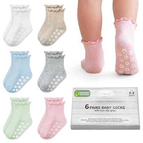 Mother's Choice Organic Cotton Ruffle Baby Socks 6 Pairs Non Slip Socks For 6M To 5Y Toddlers With Soft Fabric For Daily Use