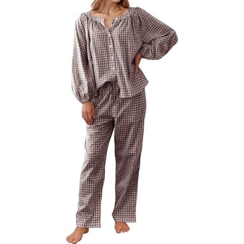 Flygo Womens Gingham Pajama Set 2 Piece Cotton Plaid Raglan Sleeve Button Top Straight Leg Pants Pjs Y2K Lounge Set Sleepwear