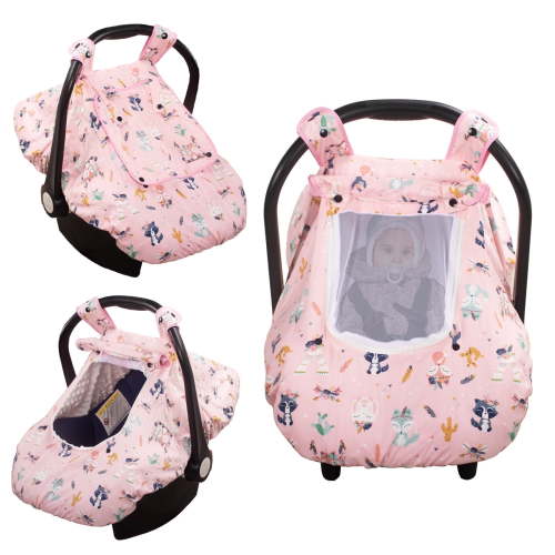 Beavtaens 3-in-1 Baby Car Seat Cover, Winter Infant Carseat Canopy, Soft & Breathable, Pink Fox